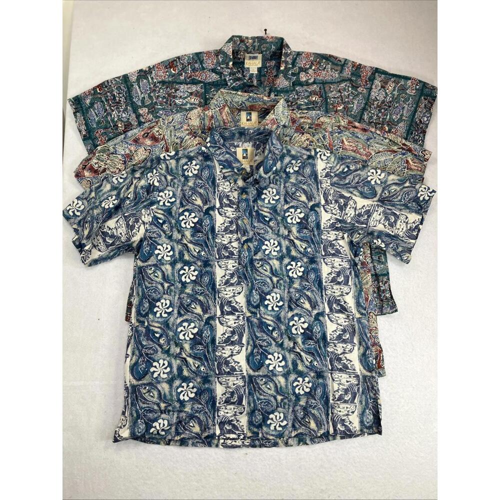 Lot of 3 Kahala Hawaiian Button Shirt Men’s Blue Island Flowers Fish Palms Sz XL